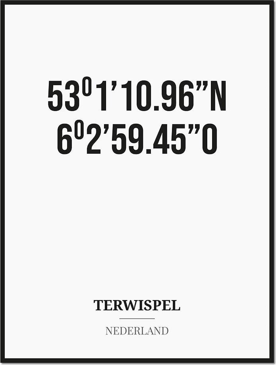 Studio216 Poster/kaart TERWISPEL met coördinaten zwart, wit