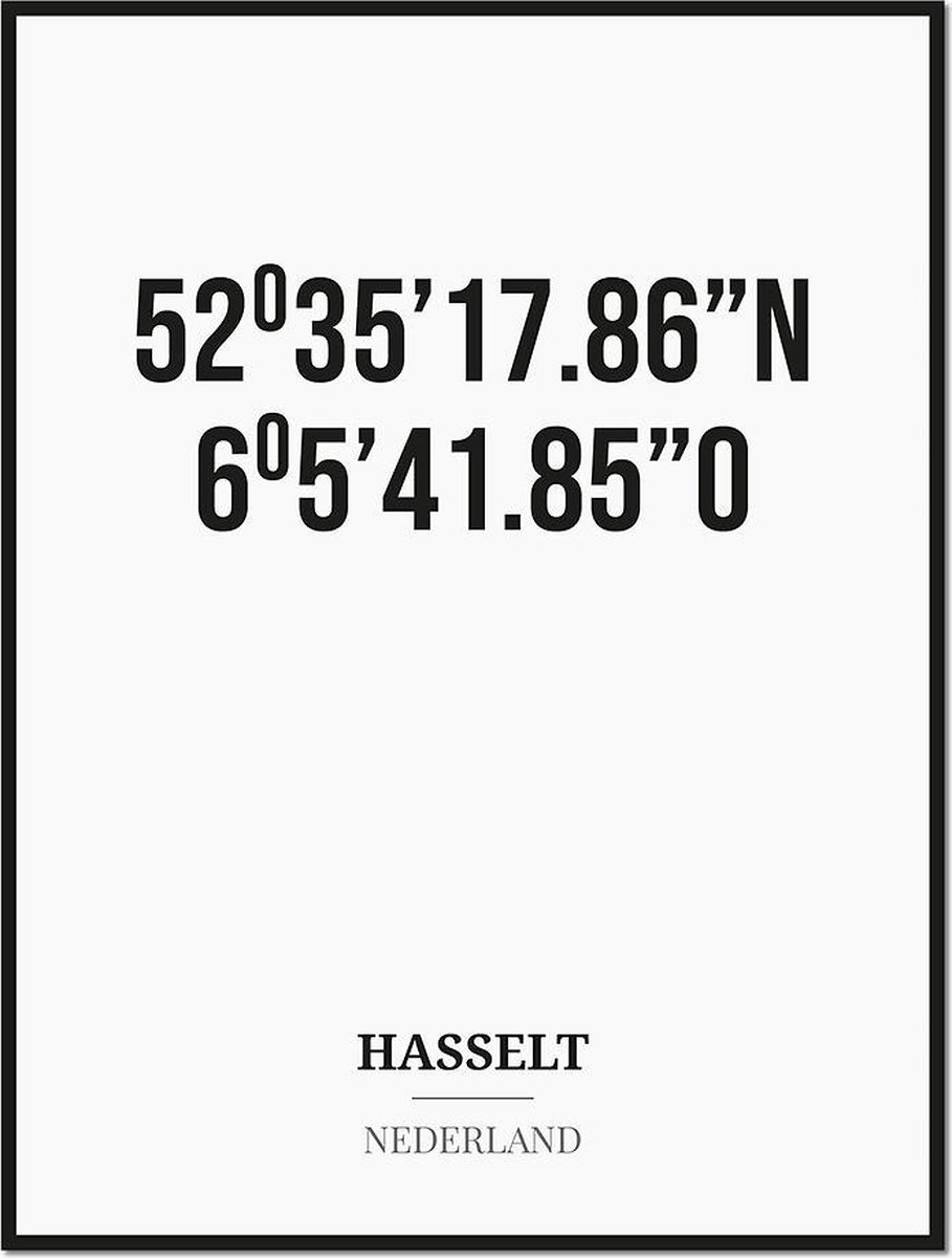 Studio216 Poster/kaart HASSELT met coördinaten zwart, wit