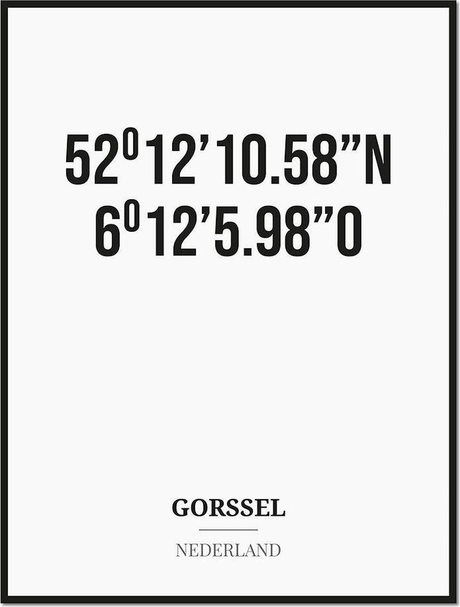 Studio216 Poster/kaart GORSSEL met coördinaten zwart, wit