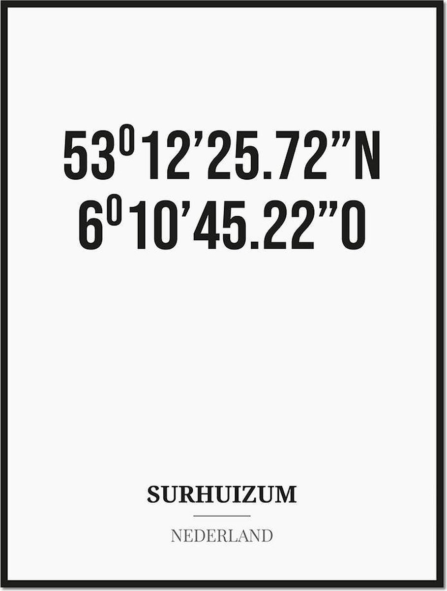 Studio216 Poster/kaart SURHUIZUM met coördinaten zwart, wit