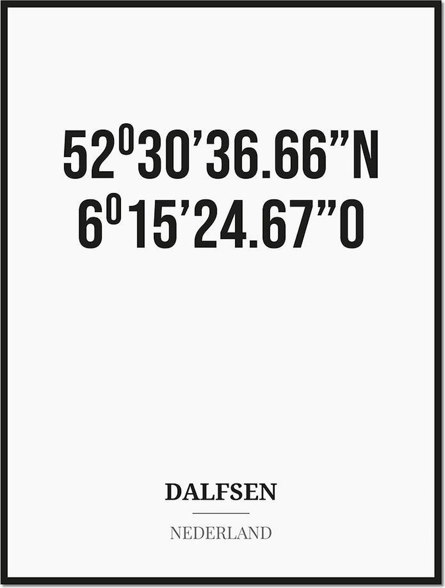 Studio216 Poster/kaart DALFSEN met coördinaten zwart, wit
