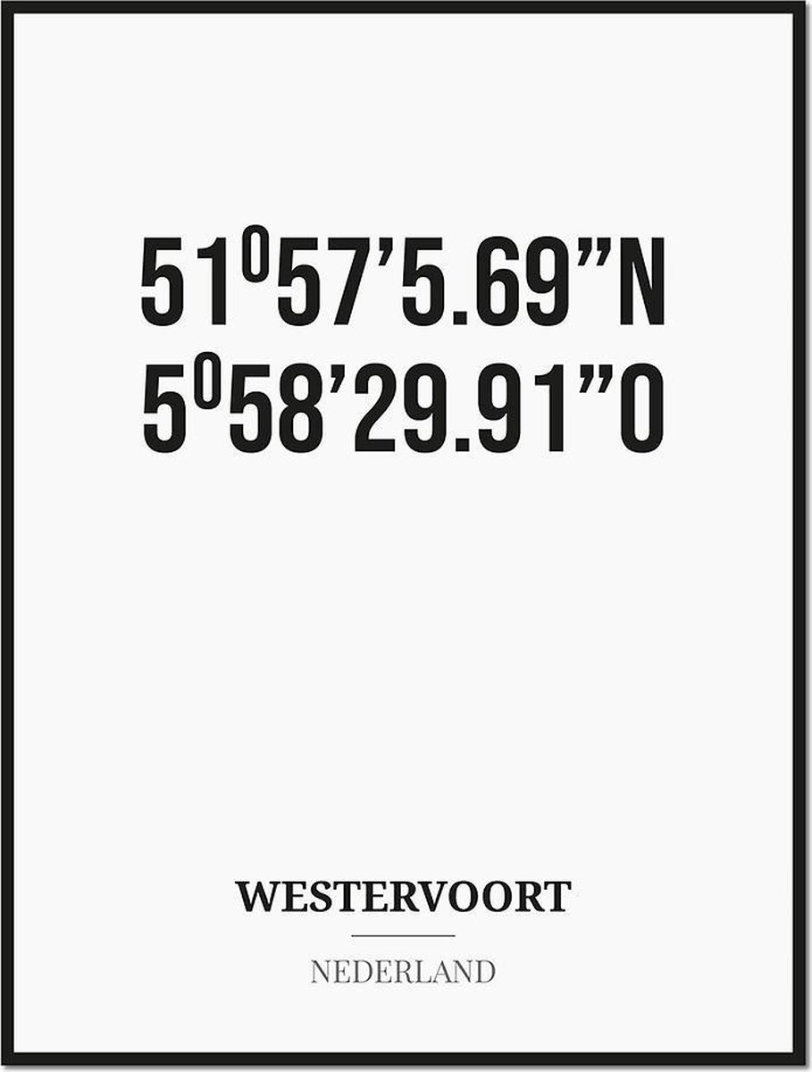 Studio216 Poster/kaart WESTERVOORT met coördinaten zwart, wit