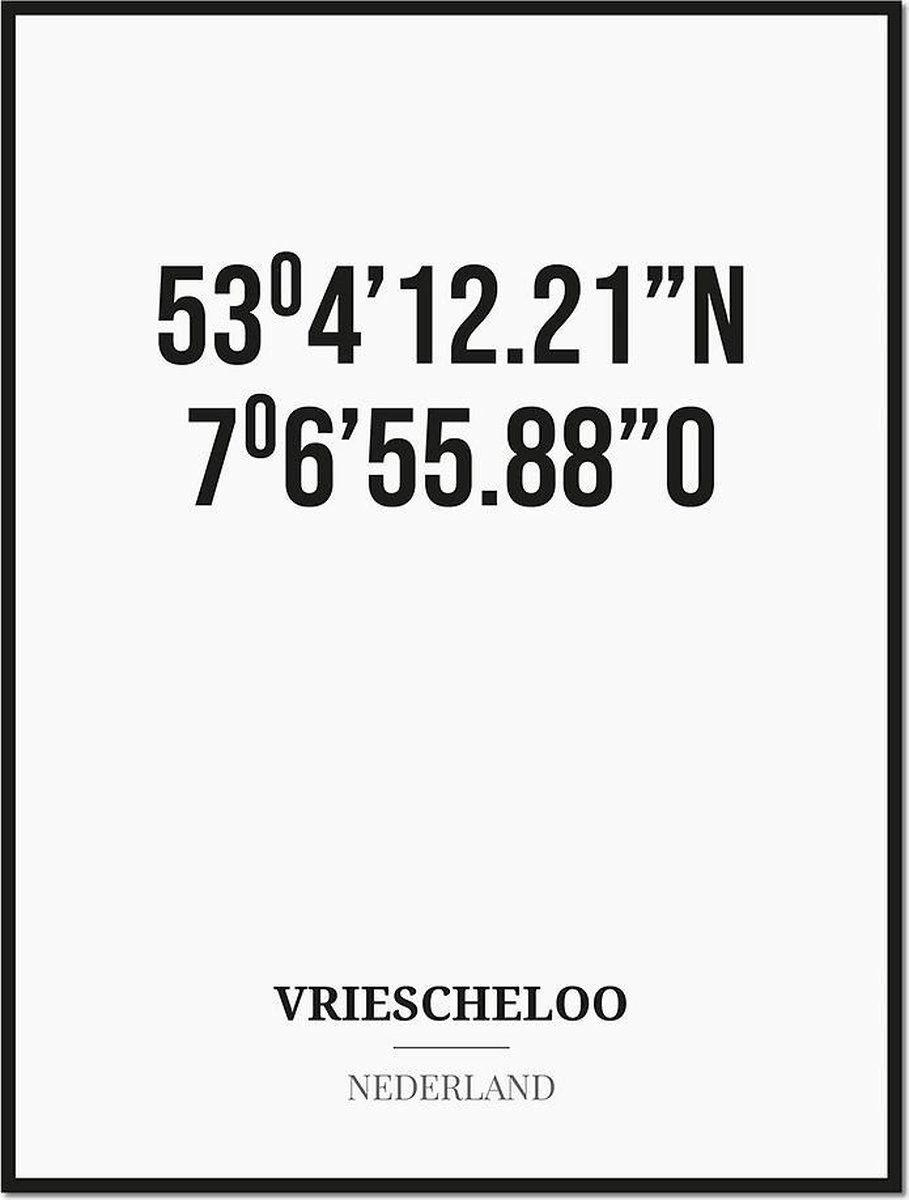 Studio216 Poster/kaart VRIESCHELOO met coördinaten zwart, wit