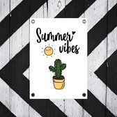 bijStip Tuinposters Buiten Tekst Summer Vibes Cactus - Zwart Wit Groen en Geel - 80 x 60 cm