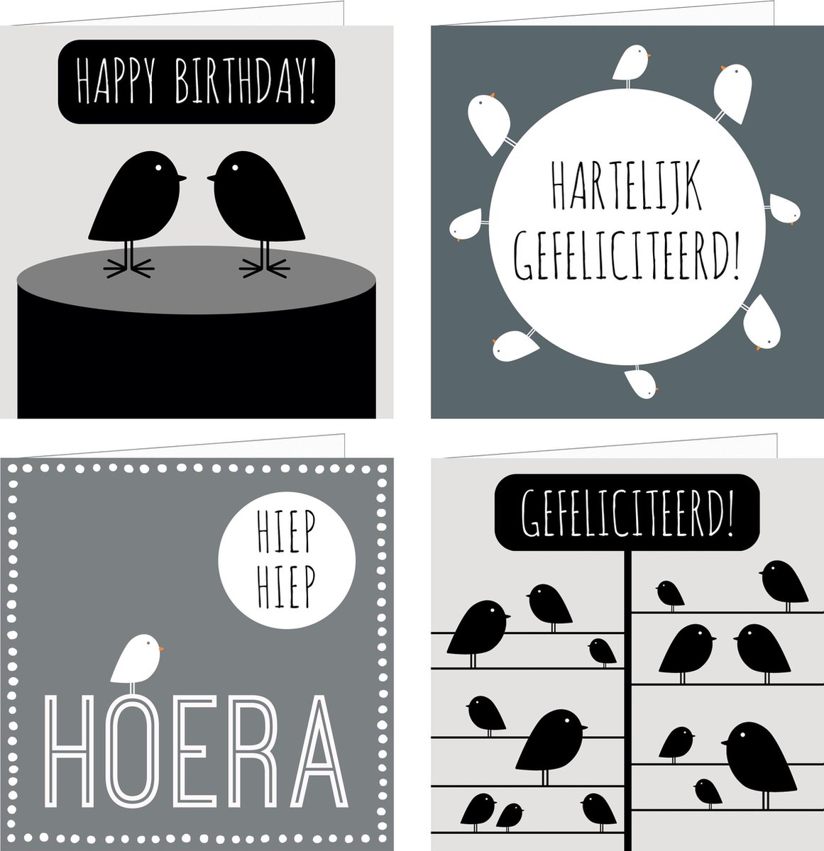 4x verjaardagskaarten | VOGELTJES | wenskaarten / set kaarten met enveloppen | jarig / verjaardag