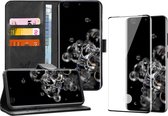 Hoesje geschikt voor Samsung Galaxy S20 Ultra - Screen Protector FullGuard - Book Case Leer Pasjeshouder Zwart & Screenprotector