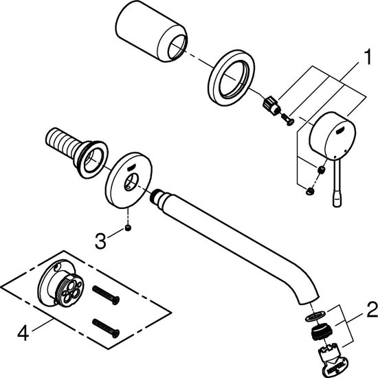 Foto: Grohe essence new wandgemonteerde inbouw wastafelkraan afbouwdeel zonder inbouwdeel lange uitloop chroom 19967001