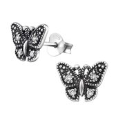 Joy|S - Zilveren vlinder oorbellen 9 x 7 mm geoxideerd met zirkonia