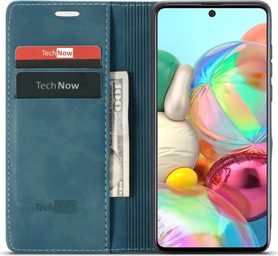 Étui de téléphone bleu ouvert avec téléphone, 2 fentes pour cartes et billet.