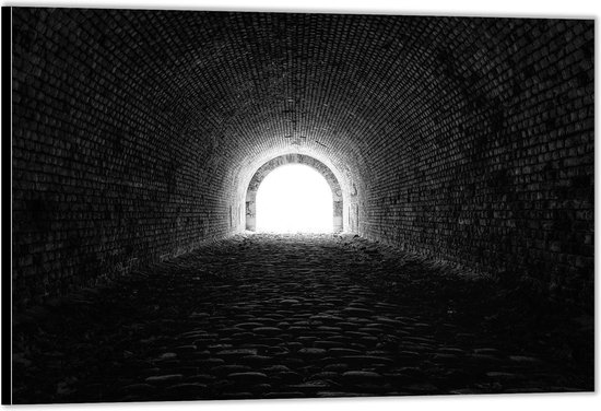 Dibond –Donkere Tunnel (zwart/wit)– 90x60 Foto op Aluminium (Wanddecoratie van metaal)