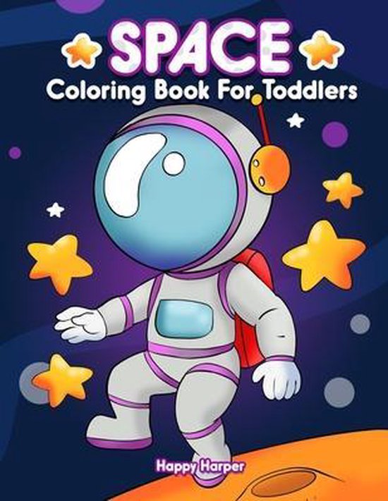 Kleurenboek 'SPACE Coloring Book For Toddlers' met een cartoon astronaut in een grijswit ruimtepak met roze accenten, omringd door sterren en planeten.