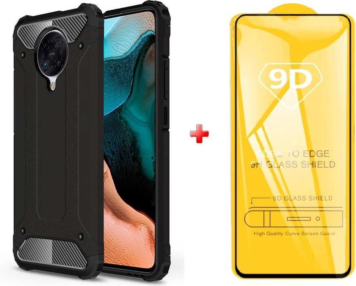 Xiaomi Poco F2 Pro silicone TPU hybride zwart hoesje + full cover glas screenprotector