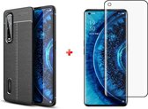 Silicone Leatherlook TPU gel zwart hoesje Oppo Find X2 Pro met full glas screenprotector