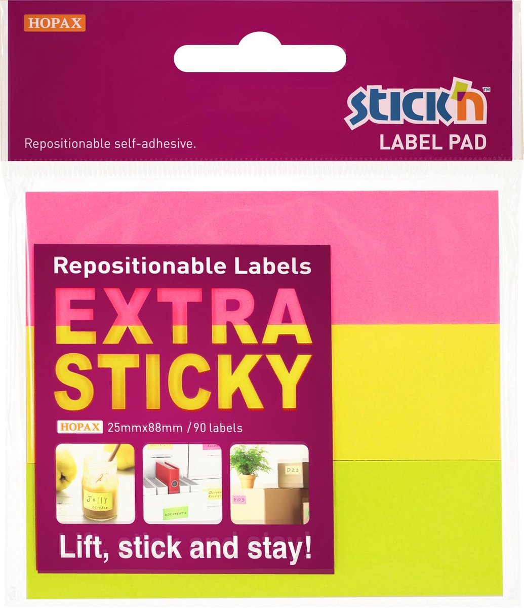 Stick'n Label Etiket - 25x88mm - Extra Sticky - Neon Magenta - Geel - Groen - 3x30 - Sticky Notes