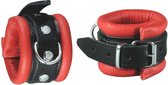 Leren handboeien 5 cm breed gevoerd - zwart/rood