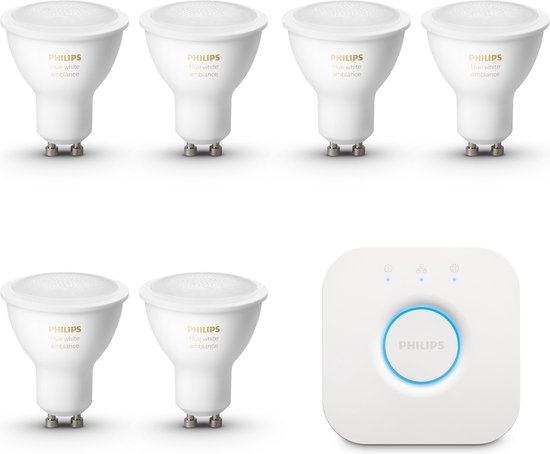 Philips Hue Starterspakket White Ambiance GU10 - 6 Hue Lampen met Bridge - Eenvoudige Installatie - Werkt met Alexa en Google Home