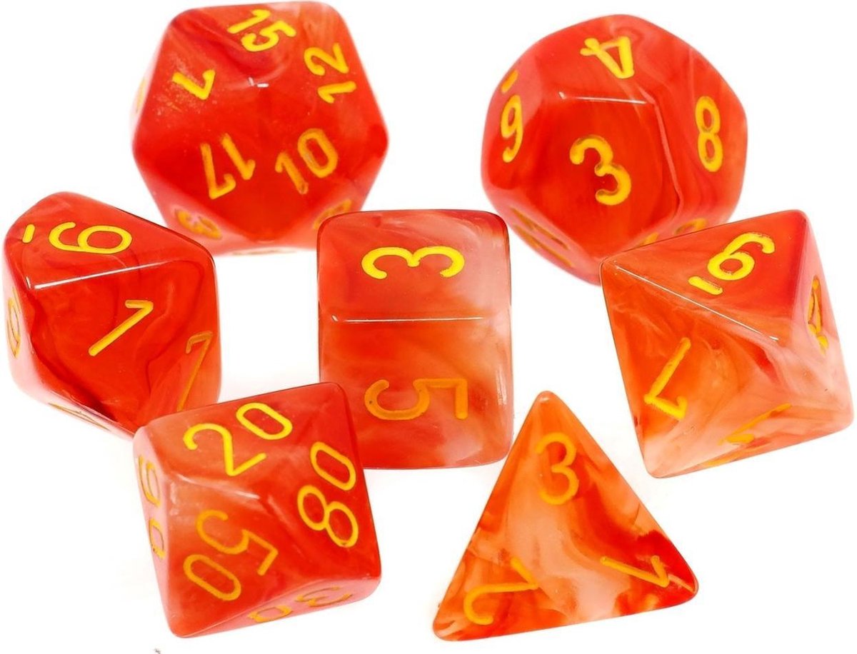 Chessex dobbelstenen set, 7 polydice, Ghostly Glow orange w/yellow