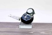 Mini Urn Vogel Zwart op Kristallen sokkel, Glazen Urn