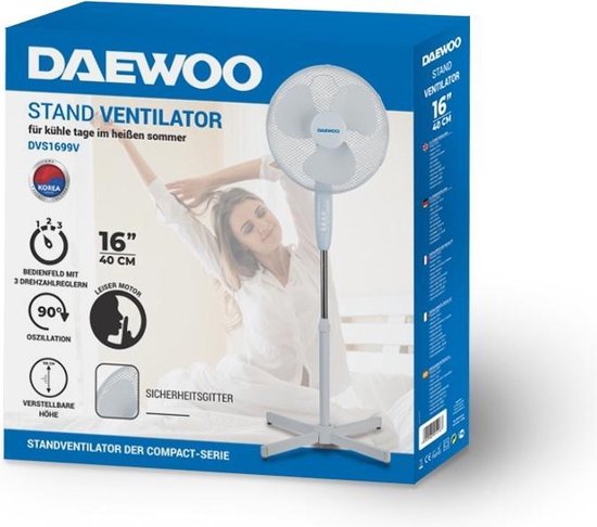 DVS1699V - Zelfdraaiende Statiefventilator 3 standen - 50 Watt Fluisterstille Staande Ventilator - Wit