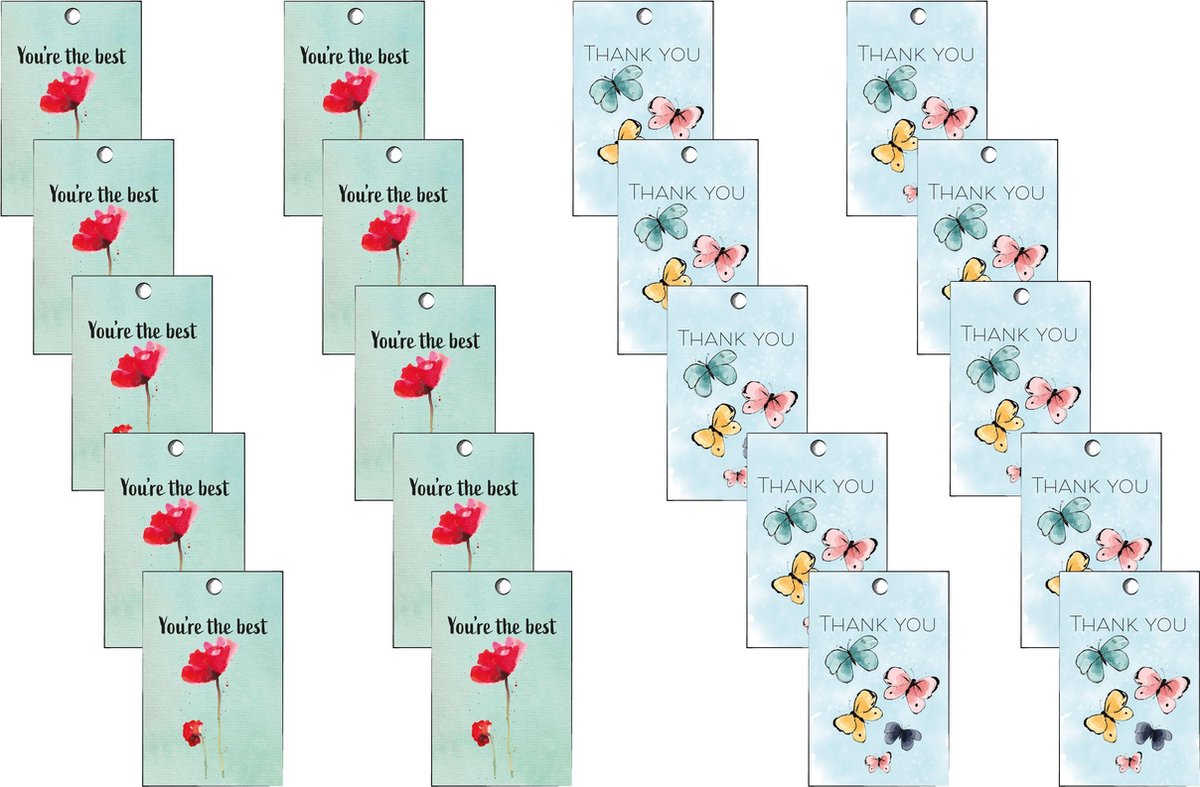 Cadeaukaartjes set 20 stuks – Mini kaartjes / cadeaulabels – Thank you / You’re the best – 5,5 x 8,5 cm – Gift tags