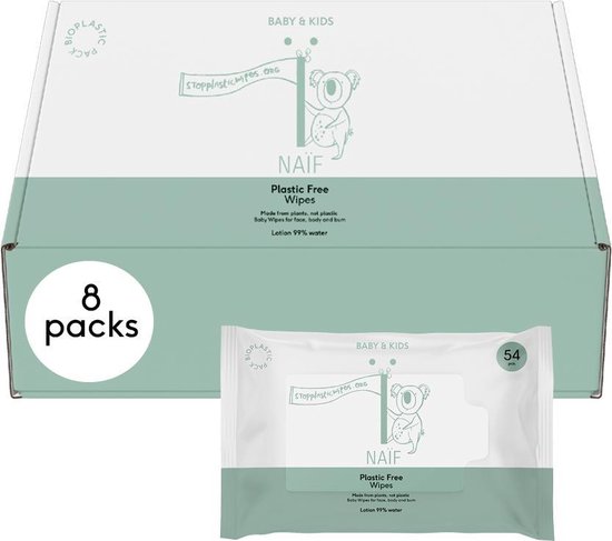 Naïf natuurlijke Plastic vrije billendoekjes - voordeelverpakking box 8 stuks - 54 doekjes per pak