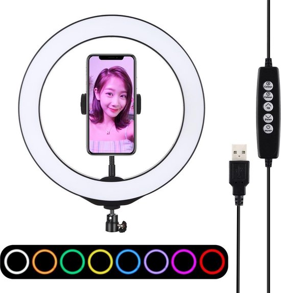 Foto: Puluz 10 2 inch 26 cm usb 10 modi 8 kleuren rgbw dimbare led ring vlogging fotografie videolichten met koude schoen statief balhoofd telefoonklem zwart 