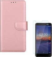 Nokia 3.1 Portemonnee hoesje Rose Goud met 2 stuks Glas Screen protector