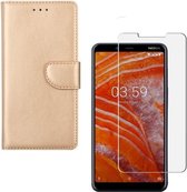 Nokia 3.1 Plus Portemonnee hoesje Goud met 2 stuks Glas Screen protector