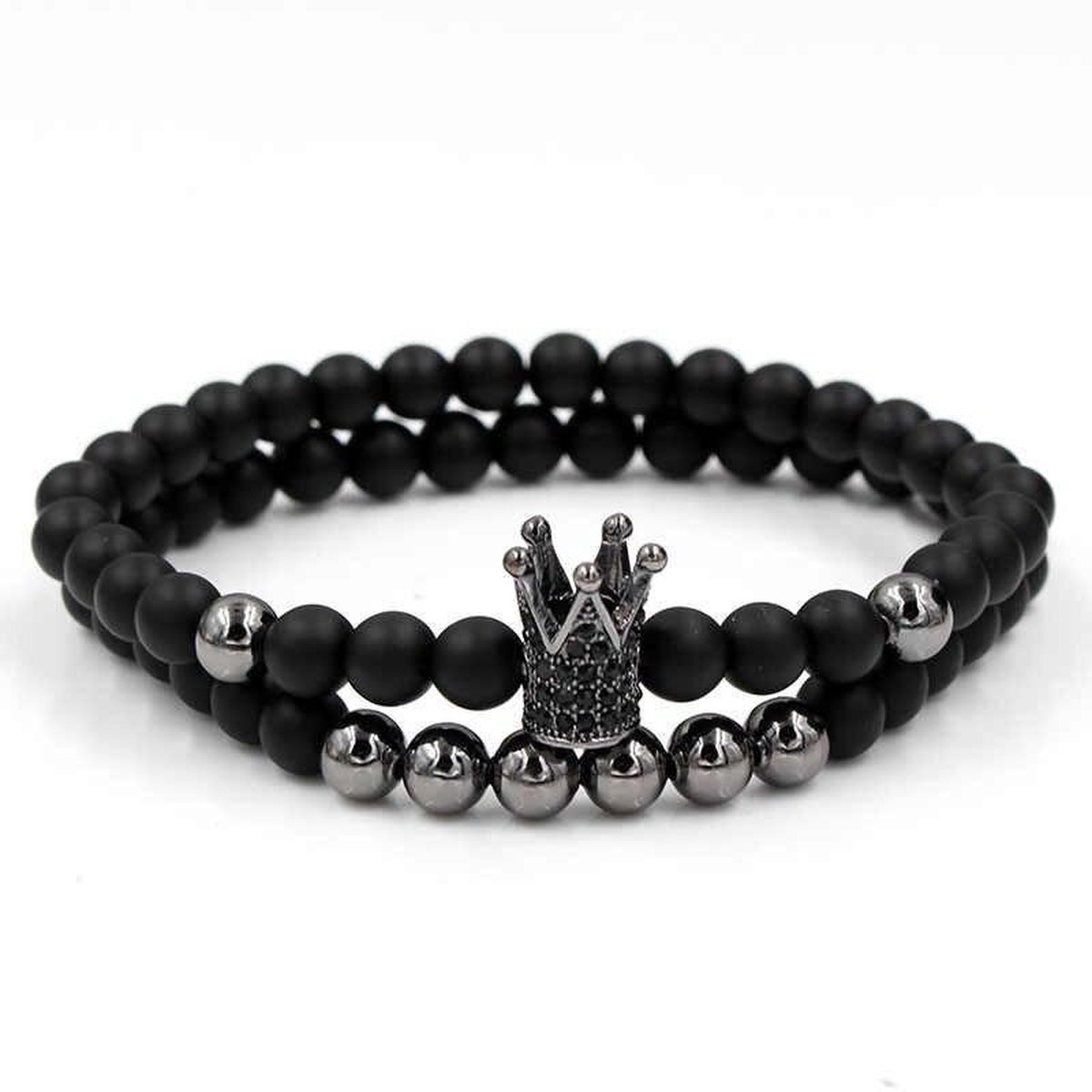 AWEMOZ Natuursteen Armbanden - Kroon Kralen Armbandjes - Zwart - Cadeau voor Man en Vrouw