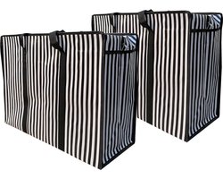 Big Shopper met rits -70 x 50 cm - Strepen - Zwart -Set van 2