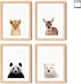 Dierenposters | Posters babykamer | 4 stuks | 30 x 40 | Dierenkoppen | Leeuw | IJsbeer | Panda | Hert | Kinderkamer