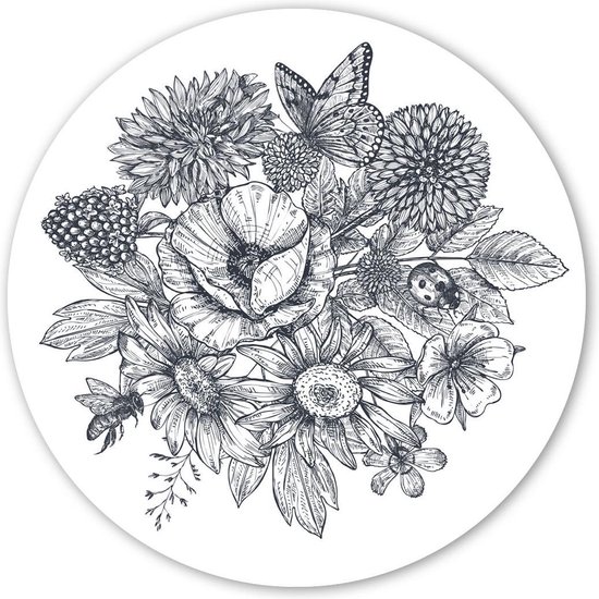 Wooncirkel - Bloemen met zwart wit (⌀ 30cm) | bol.com