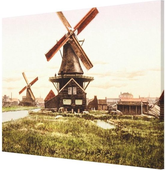 Oud Hollands Landschap - Zaagmolens Langs Rivier - Oude Foto Print op Canvas Doek - 40x30 cm