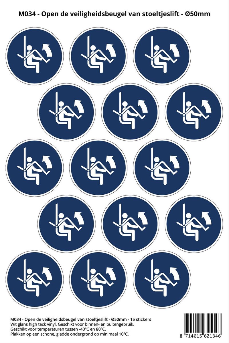 Pictogram sticker M034 - Open de veiligheidsbeugel van stoeltjeslift - Ø50 mm - 15 stickers op 1 vel op Prijzenvolger.com