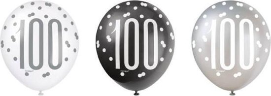 Ballonnen 100 jaar - zwart/zilver/wit - 6 stuks | bol.com