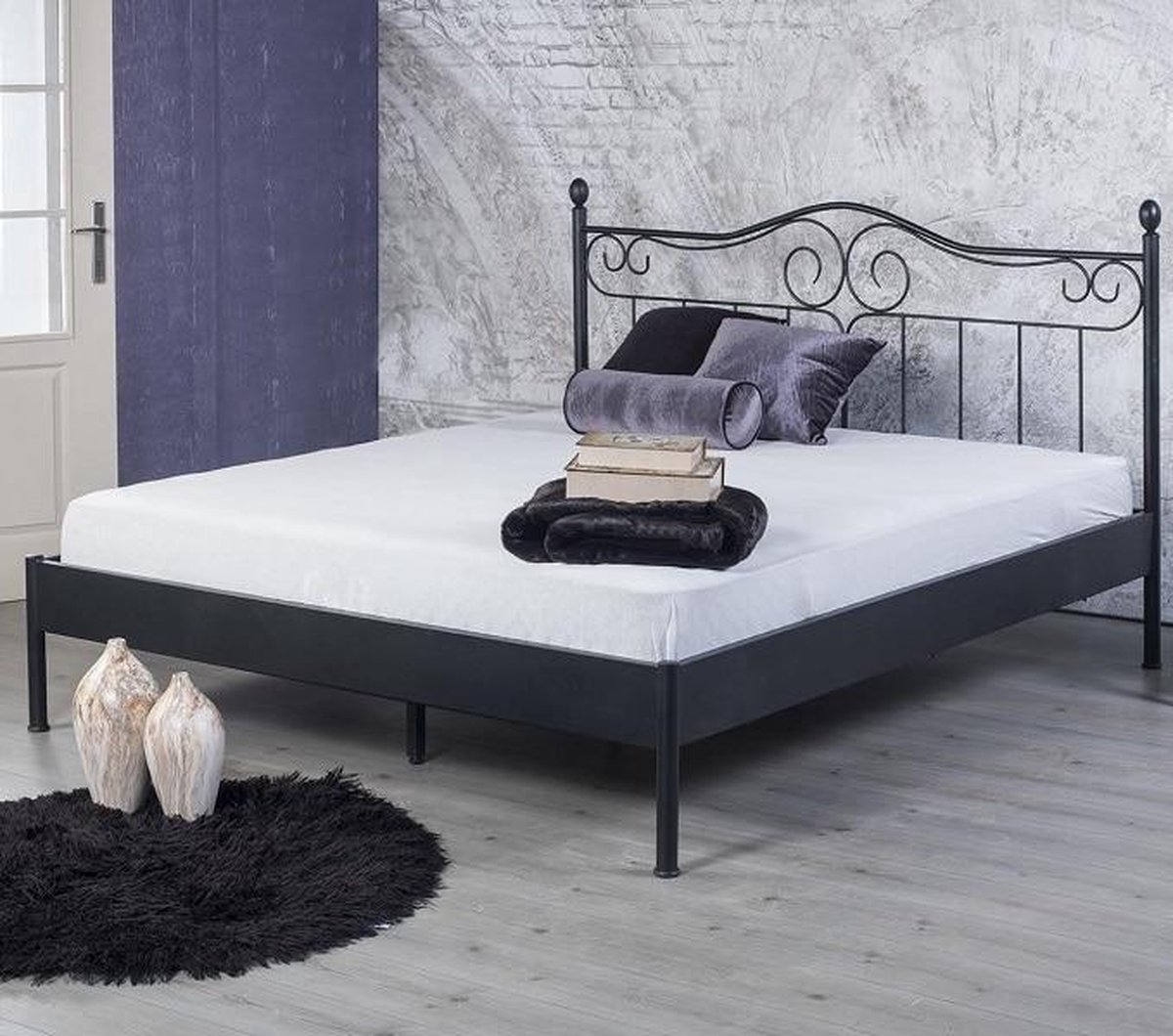 Bed Box Wonen Alessia metalen bed Zwart/Zilver 180x220 cm
