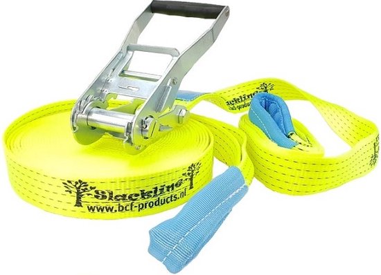 Foto: Bcf products slackline set basic m 50 mm lengte 10 m totaal 8 2 m verkeersgeel