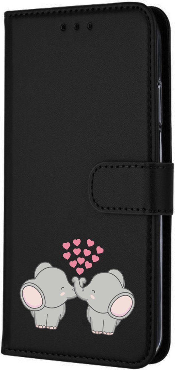 Apple Iphone 11 Pro Max zwart bookcase bescherm hoesje Olifantjes / Hartjes