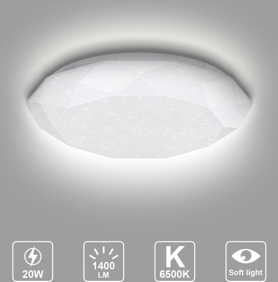 Aigostar LED Plafondlamp - Plafondlampen - Plafonnière - 20W - 6500K - Ø 34 cm - 1400 Lumen - Diamant