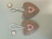 Kersthangers van stof met stenen (grijs met roze) - set van 2 stuks (hartvorm)