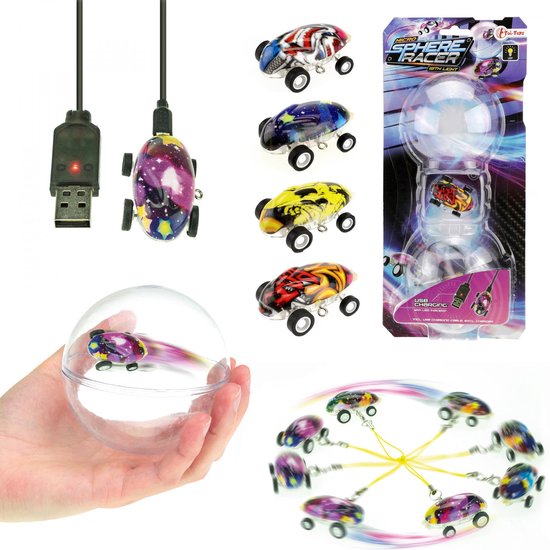 Vier USB oplaadbare mini racewagens met licht in diverse space designs. Inclusief USB-oplaadkabel.