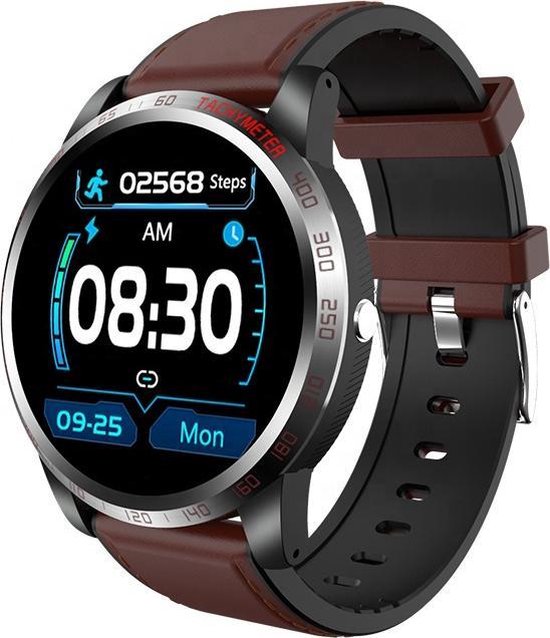 Belesy® Tachy - Smartwatch Homme - Smartwatch Femme - Montre - Podomètre - Coeur ECG - 1,3 pouces - Écran couleur - Marron foncé - Cuir