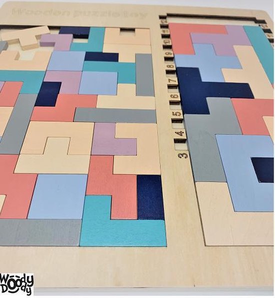 Thumbnail van een extra afbeelding van het spel Tetris Vormen Puzzel - Houten Blokjes Tangram - Educatief Spel 4 jaar - Ruimtelijk Speelgoed Jong en Oud Kleurrijk Veilig - WoodyDoody