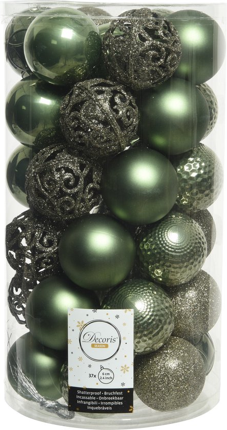 Boules de Noël en plastique D6 cm - avec visière en verre dépoli - vert mousse