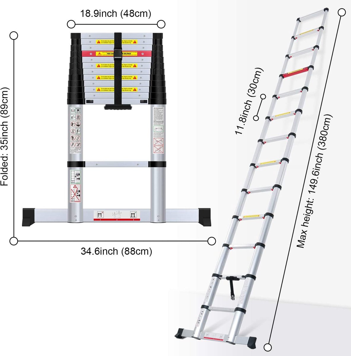 LZQ Telescopische ladder, uitschuifbare ladder van aluminium, multifunctionele ladder, 12 sporten, van 87 cm tot 3,8 m uitschuifbaar, belastbaar tot 150 kg