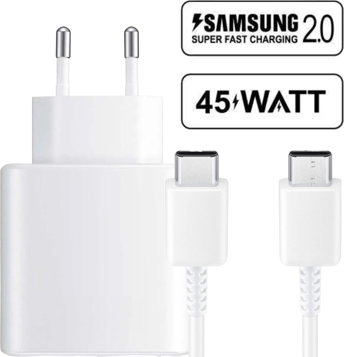 USB-C Oplaadstekker + USB-C naar USB-C Oplader - 2 Meter - 45W - Super Fast Charging - Universele Thuislader - USB-C - Adapter voor S24,S23,Note,S22, S21, S20, Tablet S7, Tablet S8