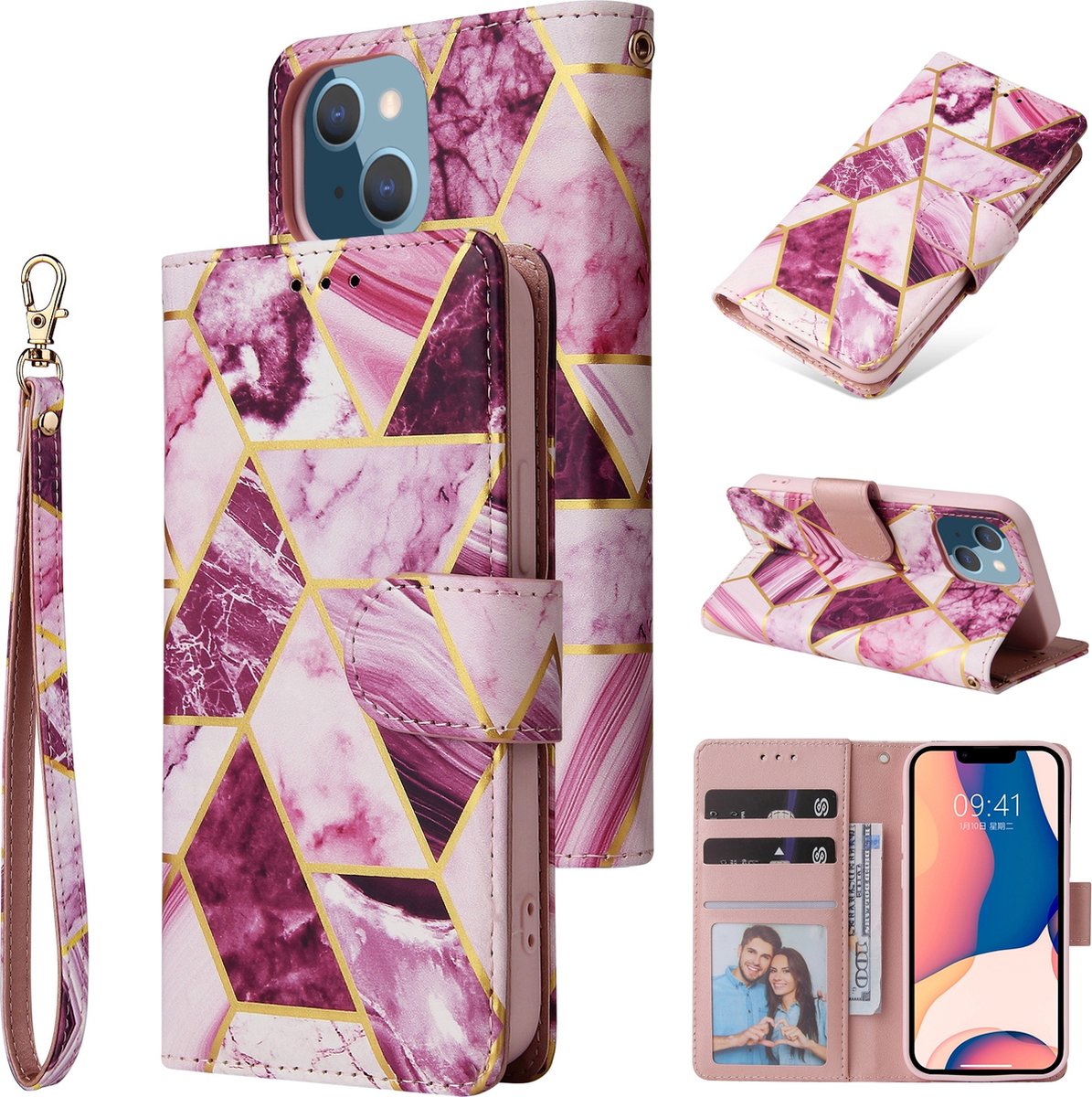 Fonu Marmer bookcase Geschikt Voor iPhone 14 Plus hoesje - Paars
