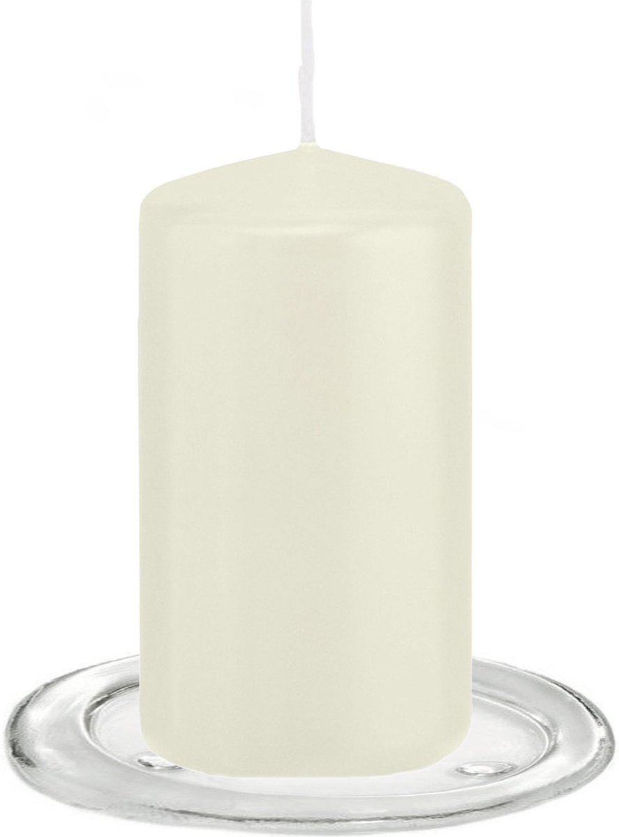 Trend Candles - Stompkaarsen met glazen onderzetters set van 2x stuks ivoor wit 6 x 12 cm