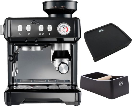 Solis Grind & Infuse Compact 1018 Pistonmachine - Espressomachine - Inclusief Coffee Knock-Box en Tamping Mat - Zwart