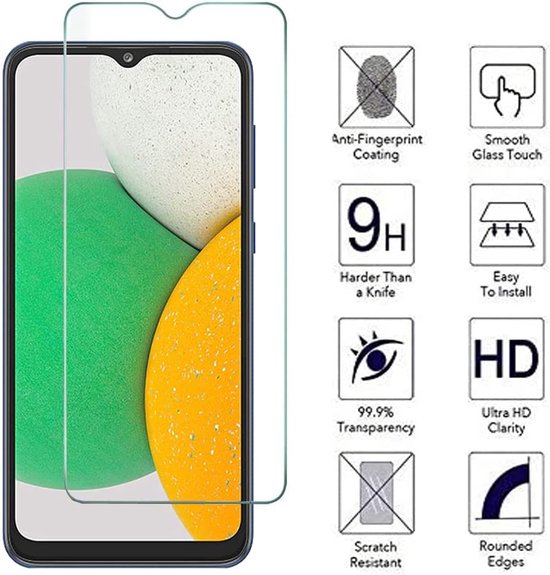 Screenprotector van gehard glas op een smartphone. Rechts, iconen met tekst: Anti-Fingerprint Coating, 9H, 99.9% Transparency, Scratch Resistant, Smooth Glass Touch, Easy To Install, HD, Rounded Edges.